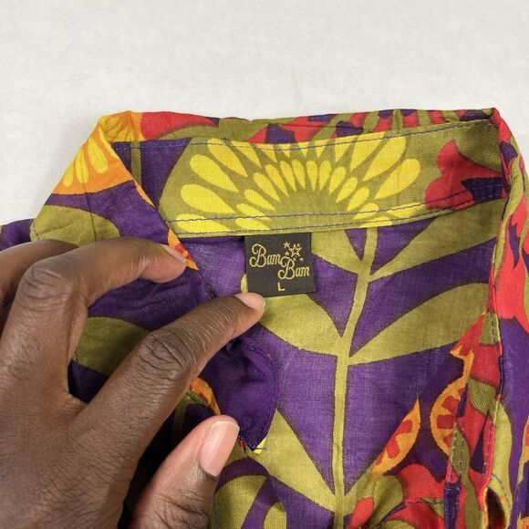 Bam Bam Boho Button Shirt Retro Floral Mod Print 3/4 Sleeve Festival Blouse L - Picture 5 of 11